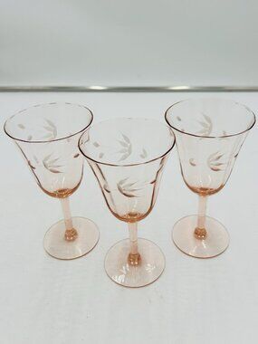 Vintage Pink Etched Crystal Wine Goblets Optic Panel Depression Glasses Set of 3